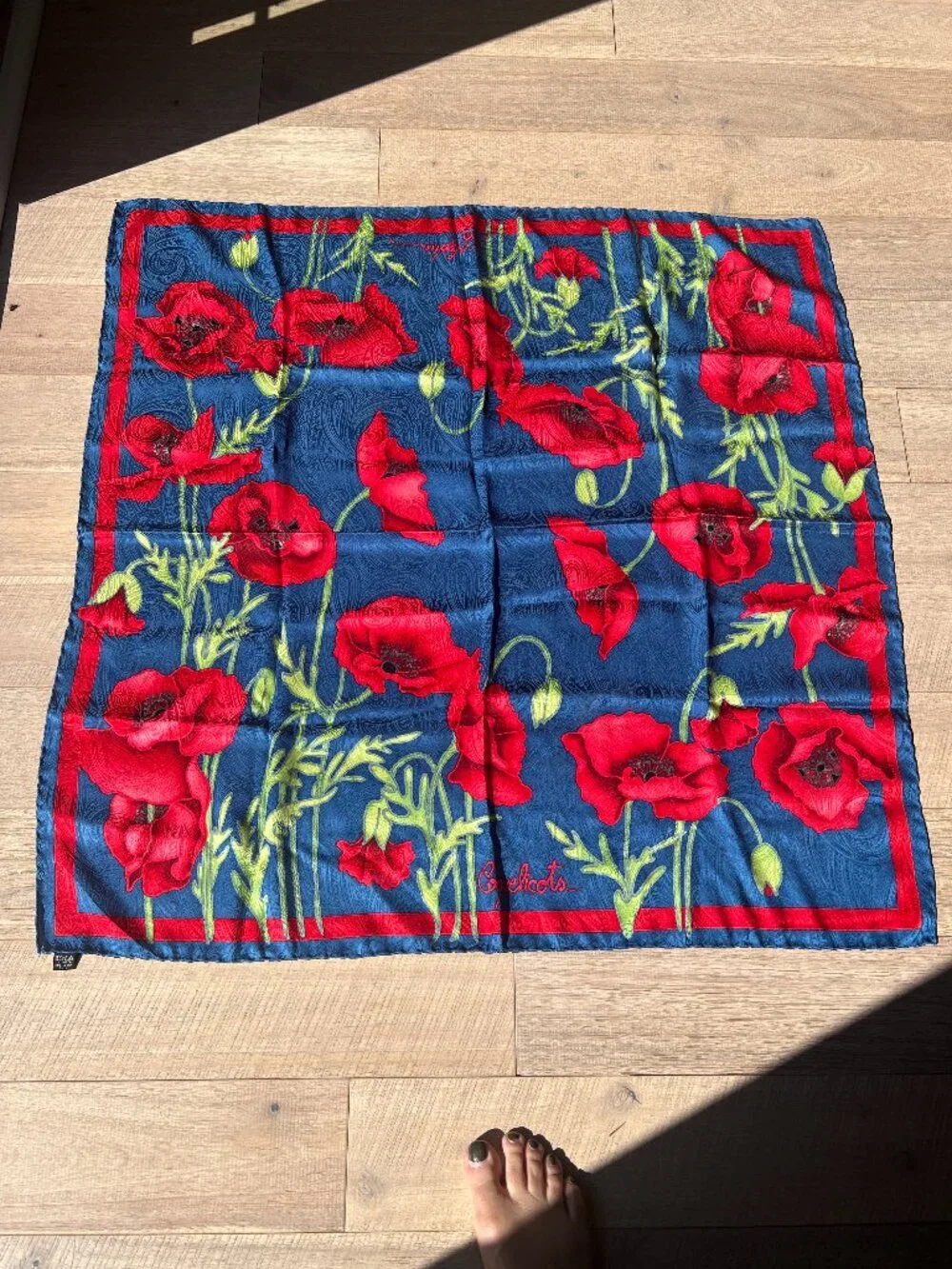 Vintage 100% Pure Silk Square Scarf Red Poppy Floral Navy Blue Hand Rolled Hem